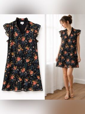 Madewell No.6 Silk Floral Mini Dress Black Size 8 Ruffle Cottagecore Prairie Art